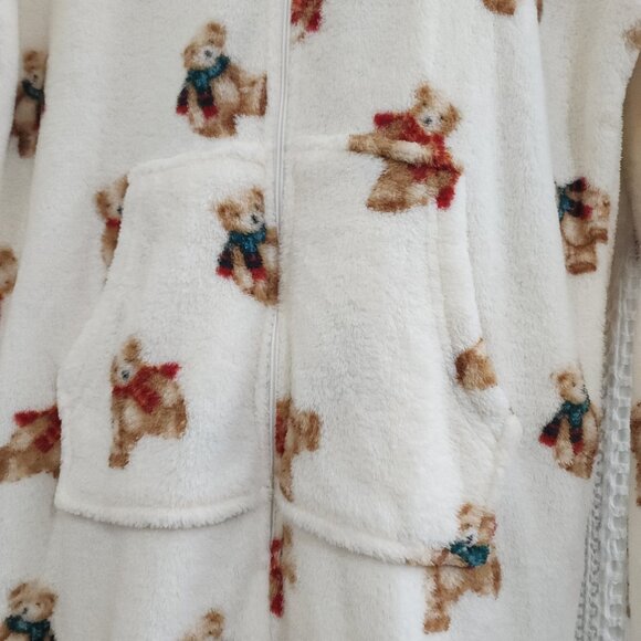 Forever 21 Teddy Bear Fleece Hooded Onesie Pajamas Cream Cozy Size Small - Picture 7 of 12